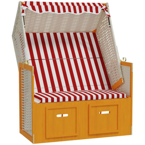 Strandkorb mit Dach Poly Rattan und Massivholz Rot & Weiß vidaXL