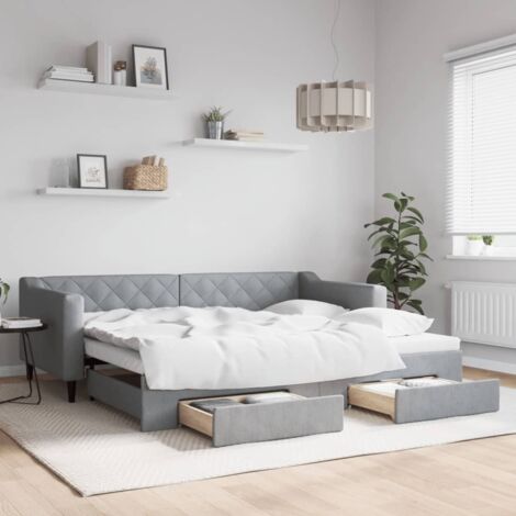Tagbett mit Ausziehbett und Schubladen grau 90x200 cm Stoff