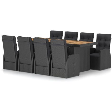 9-tlg. Garten-Essgruppe mit Kissen Poly Rattan Schwarz vidaXL