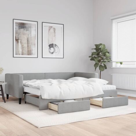 vidaXL Tagesbett mit ausziehbarem Bett und Schubladen in Hellgrau 90x200 cm Stoff