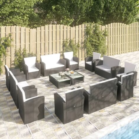 vidaXL Gartenmöbel-Set 16 Teile mit Kissen Geflochtene Rattan Schwarz