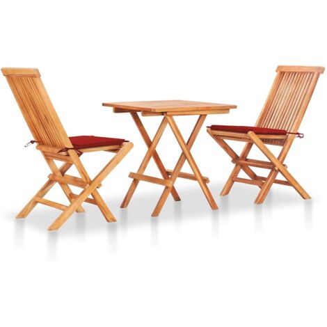 3-tlg. Bistroset mit Roten Kissen Massivholz Teak vidaXL762254