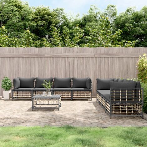 Gartenmöbelset 9-teilig mit anthrazitfarbigen Kissen aus geflochtenem Kunststoff