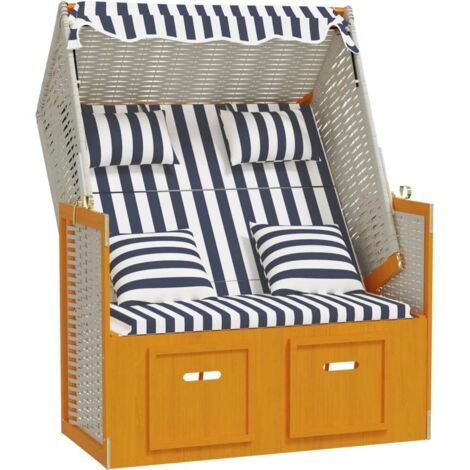 Strandkorb mit Kissen Poly Rattan & Massivholz Weiß & Blau vidaXL