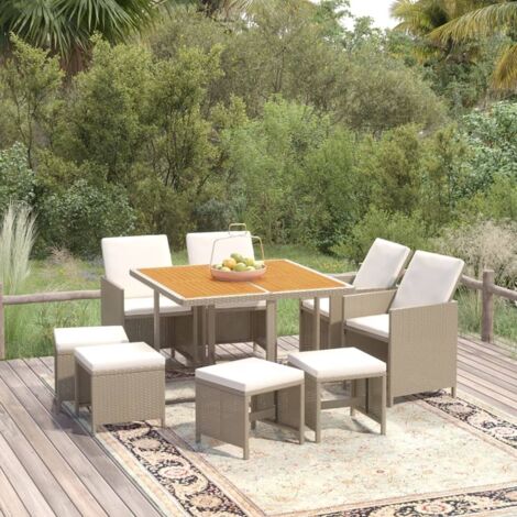 9-tlg. Garten-Essgruppe mit Kissen Poly Rattan Beige vidaXL