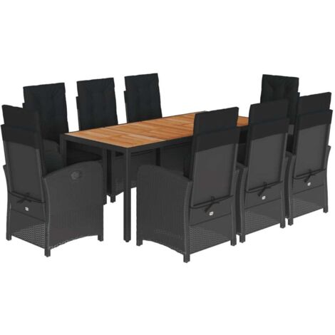 9-tlg. Garten-Essgruppe mit Kissen Schwarz Poly Rattan vidaXL