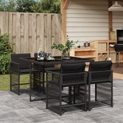 Vidaxl – Garten-Essgruppe 5-teilig – Schwarz Rattan mit klappbaren Stühlen – Bequeme Kissen – Tisch mit gehärteter Glasplatte (1/5)
