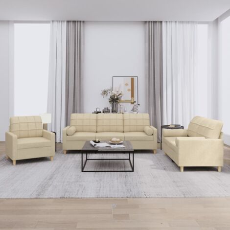 3-tlg. Sofagarnitur mit Kissen Creme Stoff vidaXL