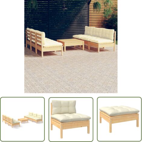 The Living Store 7-tlg. Garten-Lounge-Set mit Creme Kissen Kiefernholz - Gartensaison - Gartenmöbeln - Outdoor Möbel - Loungeset - Rattan Gartenmöbel (1/5)