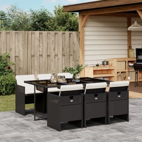 vidaXL GartenEssgruppe mit Kissen 7-teilig Schwarz Rattan