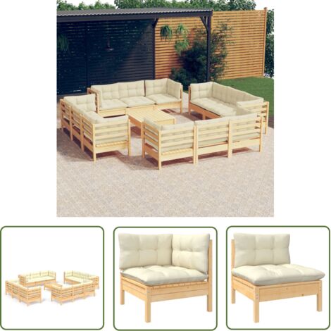 The Living Store 13-tlg. Garten-Lounge-Set mit Creme Kissen Kiefernholz - Gartensessel - Gartenloungeseset - Kiefernholz Möbel - Outdoor Furniture - Gartenmöbeln (1/5)