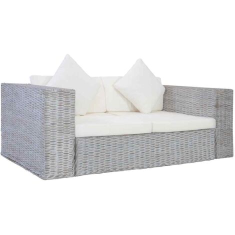 Zweisitzer Sofa mit Kissen Grau Rattan Natur