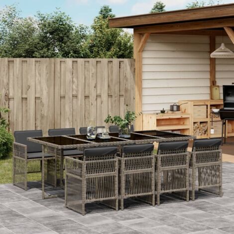 vidaXL 9-tlg. Garten-Essgruppe mit Kissen Grau Poly Rattan (1/5)