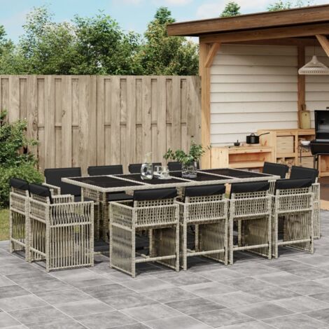 13-tlg. Garten-Essgruppe mit Kissen Hellgrau Poly Rattan vidaXL