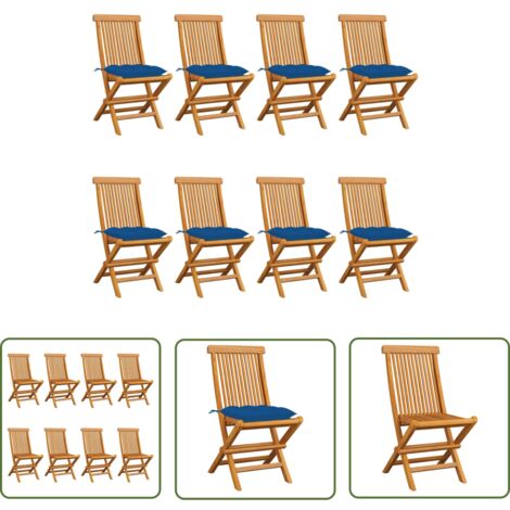 The Living Store Gartenstühle mit Blauen Kissen 8 Stk. Massivholz Teak - Gartenstühle - Teakholzmöbel - Outdoormöbel - Esszimmerstühle - Klappstühle (1/5)