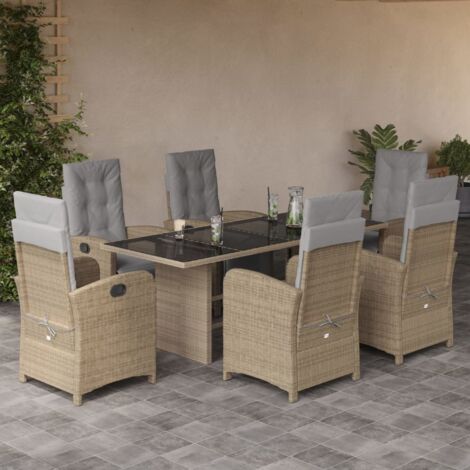 vidaXL Essgruppe für den Garten mit Kissen 7 Teile beige Poly Rattan
