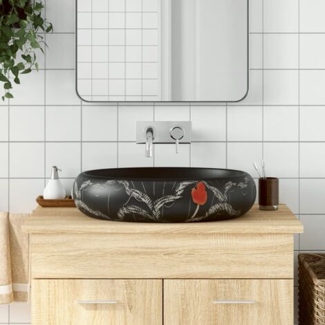vidaXL Ovale Aufsatzwaschbecken Schwarz 59x40x15 cm Keramik
