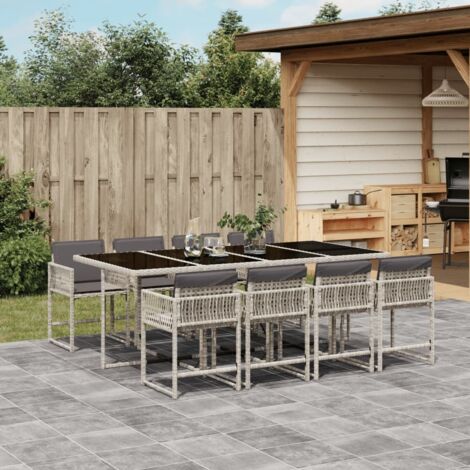 9-tlg. Garten-Essgruppe mit Kissen Hellgrau Poly Rattan vidaXL
