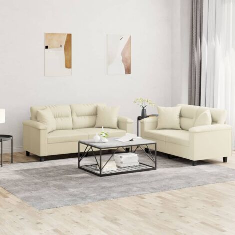 vidaXL 2-tlg. Sofagarnitur mit Kissen Creme Kunstleder
