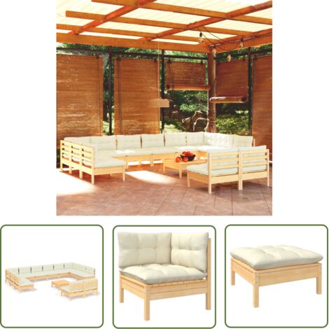 The Living Store 13-tlg. Garten-Lounge-Set mit Creme Kissen Massivholz Kiefer - Gartensessel - Lounge Set - Gartenmöbeln - Outdoor Möbel - Rattan Sessel (1/5)