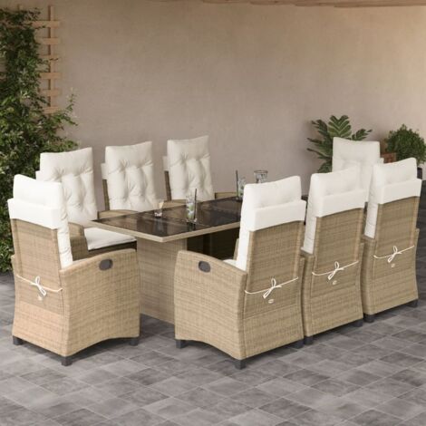 Gartenmöbelset mit Kissen 9-teilig beige Poly-Rattan