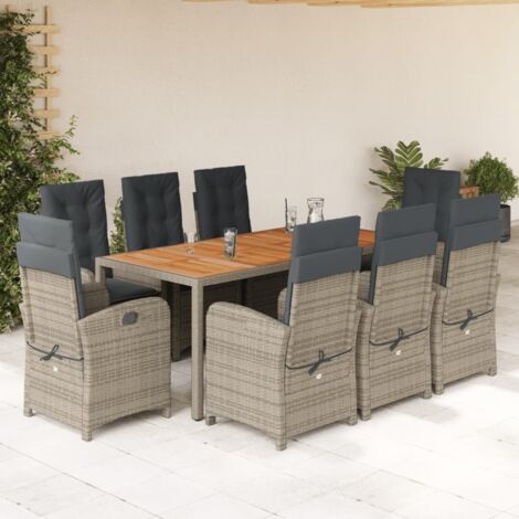 vidaXL Garten Essgruppe 9-teilig mit grauen Kissen aus Geflecht