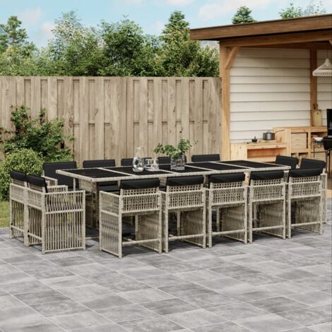 15-tlg. Garten-Essgruppe mit Kissen Hellgrau Poly Rattan vidaXL