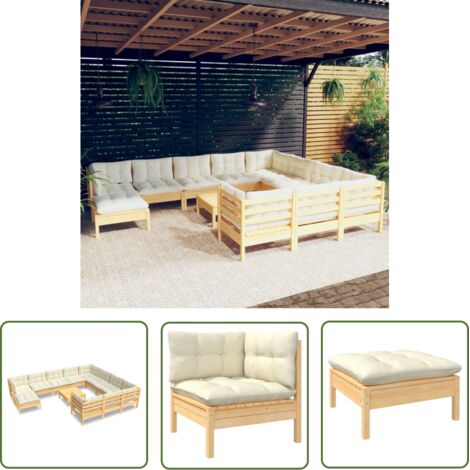 The Living Store 12-tlg. Garten-Lounge-Set mit Creme Kissen Kiefernholz - Garten Lounge Set - Kiefernholz Möbel - Outdoor Wohnzimmer - Gartenmöbel - Loungesessel (1/5)