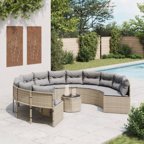 Runder Gartenstuhl mit Tisch, Kissen, beige, geflochtene Harz