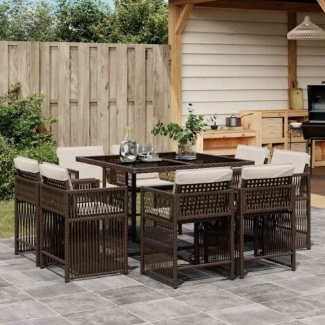 Essgruppe für den Garten mit Kissen 9 Stück braun Poly Rattan