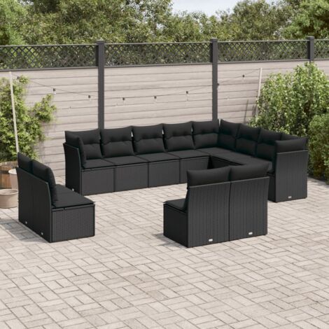 Gartenmöbelset 12-teilig mit schwarzen Kissen aus Rattan