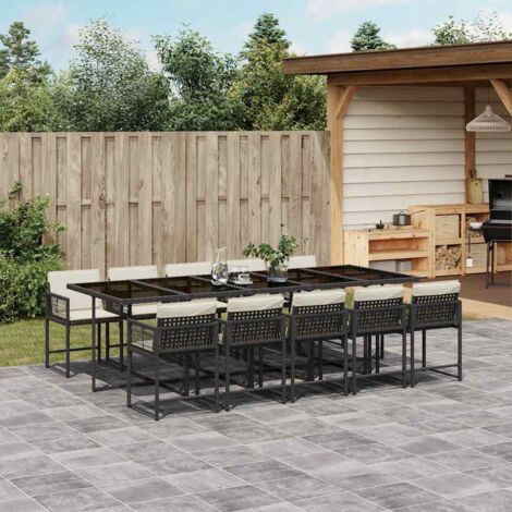 vidaXL Gartentisch-Set 11-teilig mit Kissen Schwarz Geflochtene Rattan