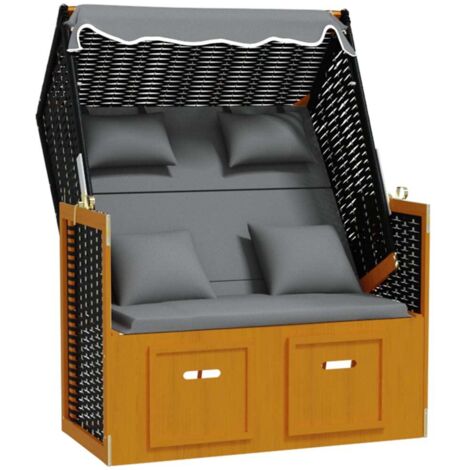 Strandkorb mit Kissen Poly Rattan Massivholz Schwarz Anthrazit vidaXL