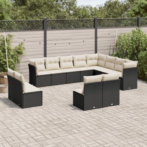 vidaXL Gartenmöbelset 12-teilig mit Kissen Schwarz Rattan