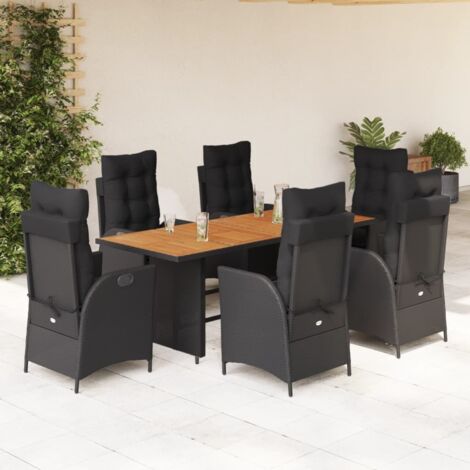 vidaXL Gartentisch-Set mit 7 Kissen Schwarz Geflochtene Rattan