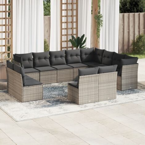 Gartenmöbelset mit Kissen 12 Teile grau geflochtenes Material