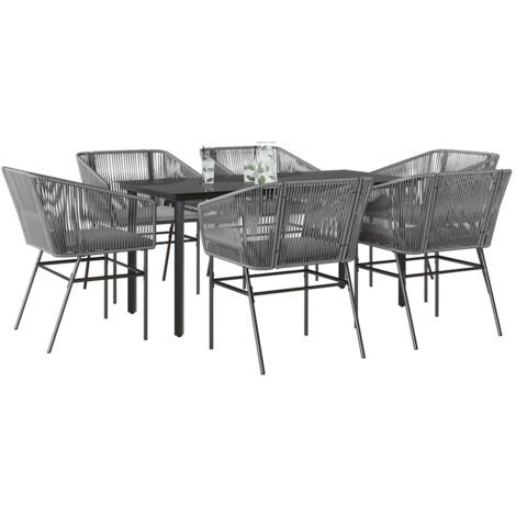 vidaXL 7-tlg. Garten-Essgruppe mit Kissen Grau Poly Rattan Glas