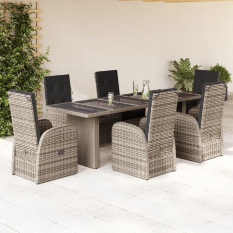 7-tlg. Garten-Essgruppe mit Kissen Grau Poly Rattan vidaXL