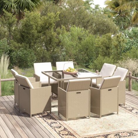 vidaXL Gartenset mit Kissen 9 Teile Poly Rattan Beige