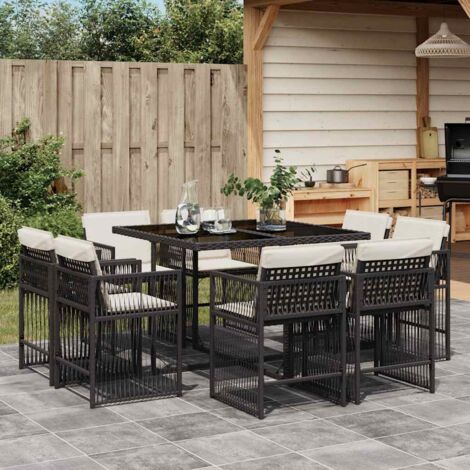 vidaXL Gartentisch-Set 9-teilig mit Kissen Schwarz Geflochtene Kunststoffe