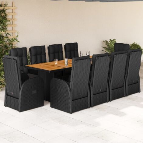 11-tlg. Garten-Essgruppe mit Kissen Schwarz Poly Rattan vidaXL