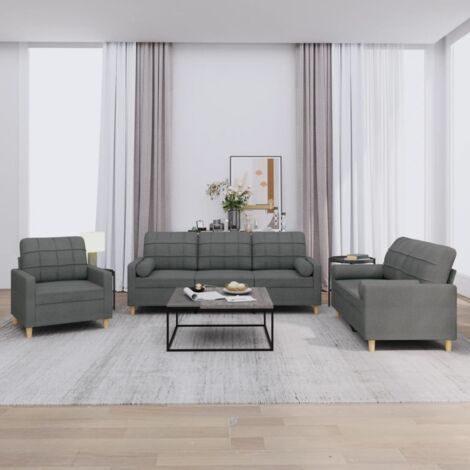 vidaXL 3-teiliges Sofa-Set mit Kissen in Dunkelgrau aus Stoff