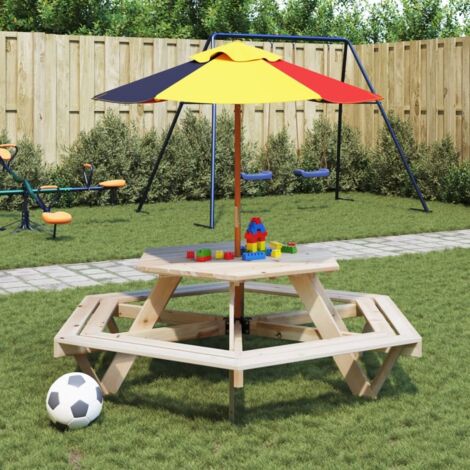 Picknicktisch für 6 Kinder mit Sonnenschirm Sechseckig Tanne vidaXL926478
