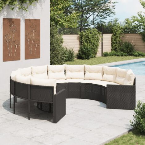 Runder Garten-Sofa mit schwarzen Kissen aus geflochtener Kunstfaser