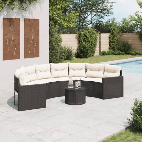 Gartensofa mit Tisch und Kissen Halbrund Schwarz Poly-Rattan vidaXL