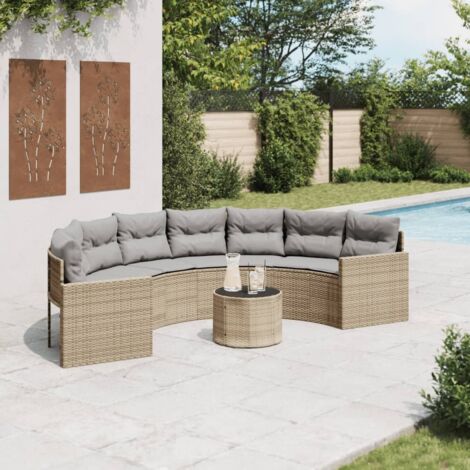 Gartenbank halbkreisförmig mit Kissen beige aus geflochtener Kunstfaser