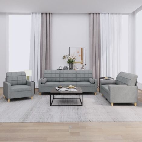 Sofa-Set 3-teilig mit hellgrauen Kissen aus Stoff