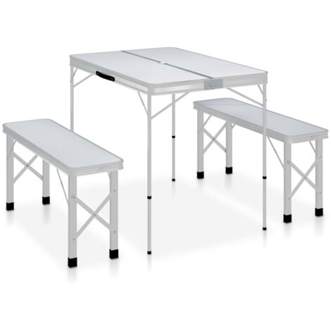 Klappbare Camping-Tisch mit 2 Bänken Aluminium Weiß