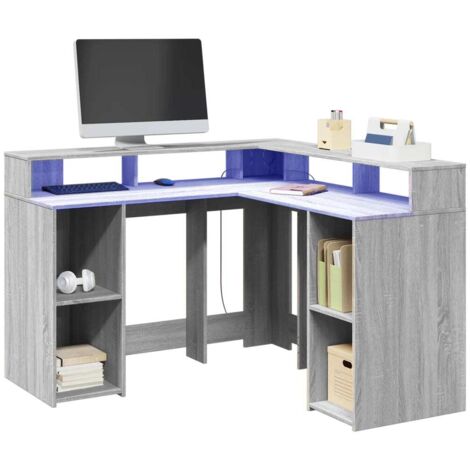 vidaXL LED-Schreibtisch Grau Sonoma 130x130x91 cm Holzwerkstoff