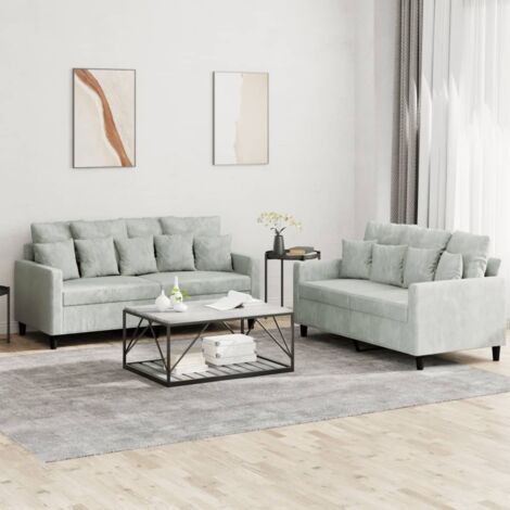 2er Sofa-Set mit Kissen in Hellgrau Samt